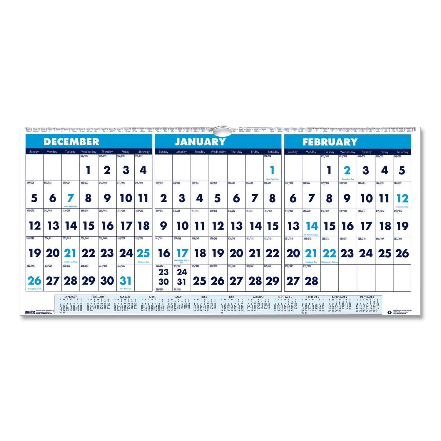 Recycled Three-Month Format Wall Calendar, Horizontal Orientation, 17 x 8, White Sheets, 14-Month: Dec 2024 to Jan 2026