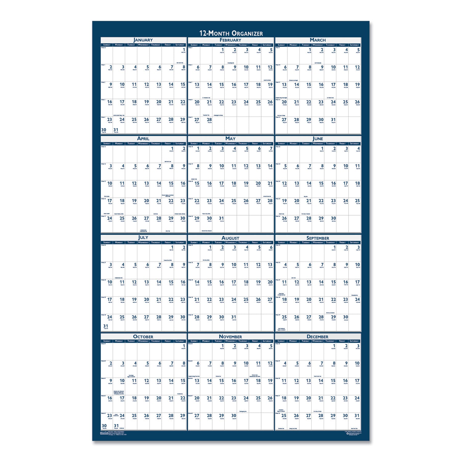 House of Doolittle™ Recycled Yearly Reversible Wall Calendar Non-Laminated, 24 x 37, White/Blue Sheets, 12-Month (Jan to Dec): 2025