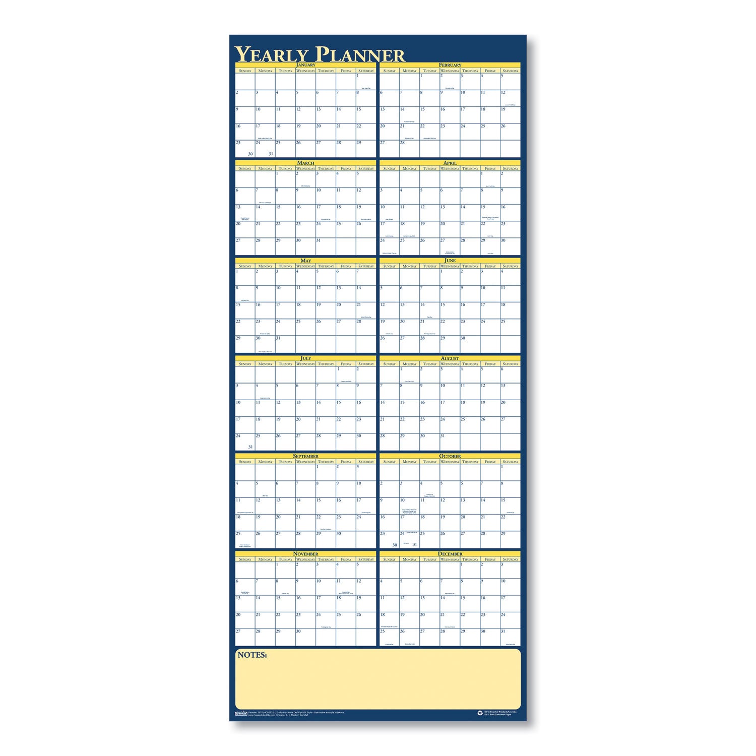 House of Doolittle™ Recycled Reversible Yearly Wall Planner, 60 x 26, White/Blue/Yellow Sheets, 12-Month (Jan to Dec): 2025