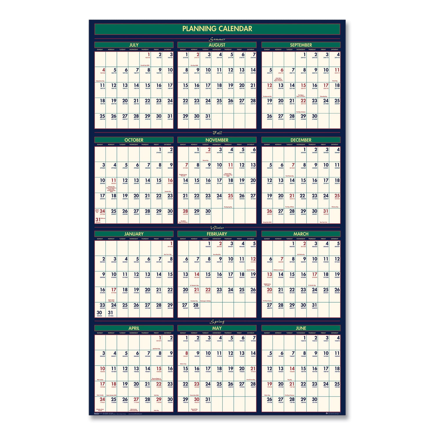 House of Doolittle™ Four Season Erasable Business/Academic Recycled Wall Calendar, 24 x 37, 12-Month(July-June):2024-2025, 12-Month(Jan-Dec):2025