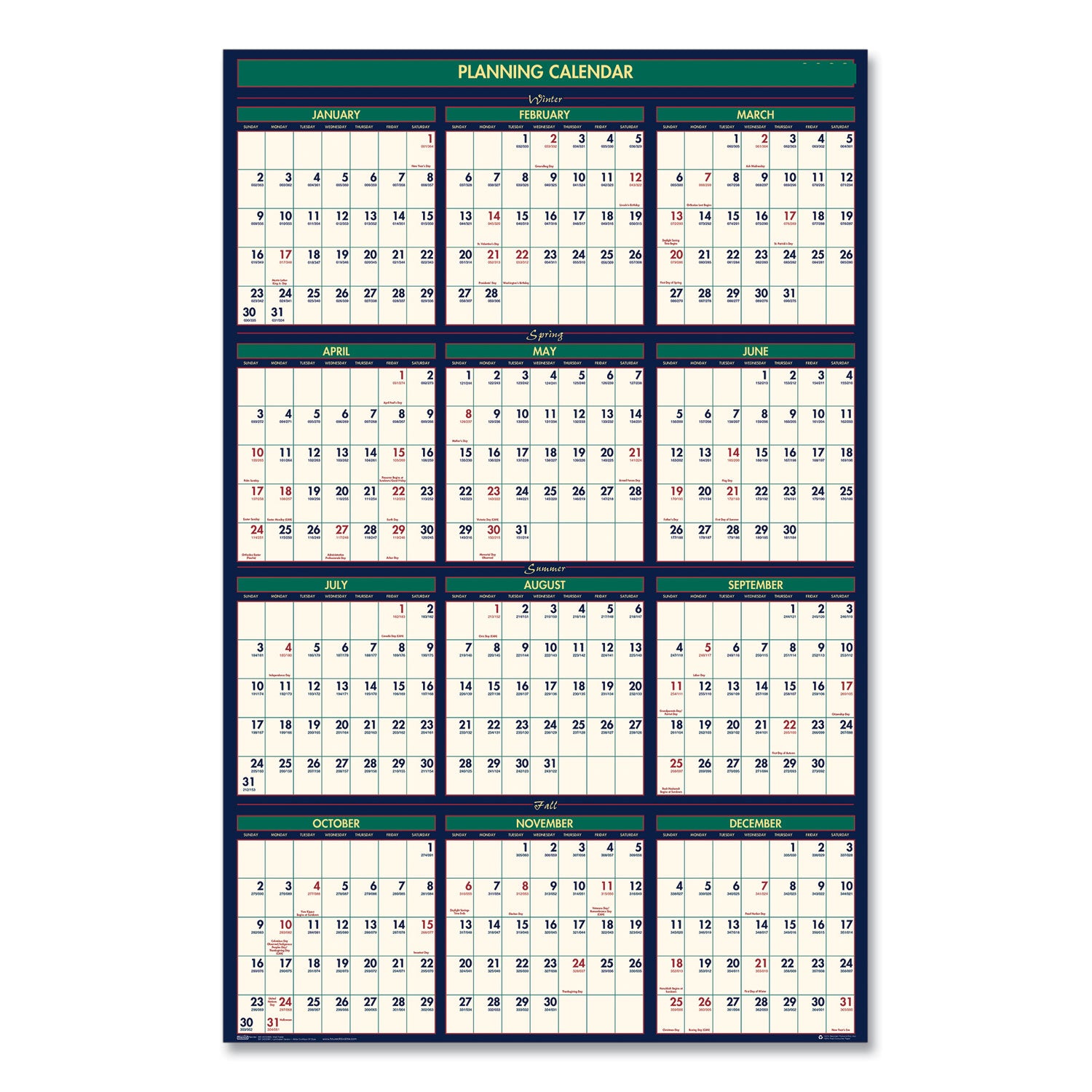 House of Doolittle™ Four Season Erasable Business/Academic Recycled Wall Calendar, 24 x 37, 12-Month(July-June):2024-2025, 12-Month(Jan-Dec):2025