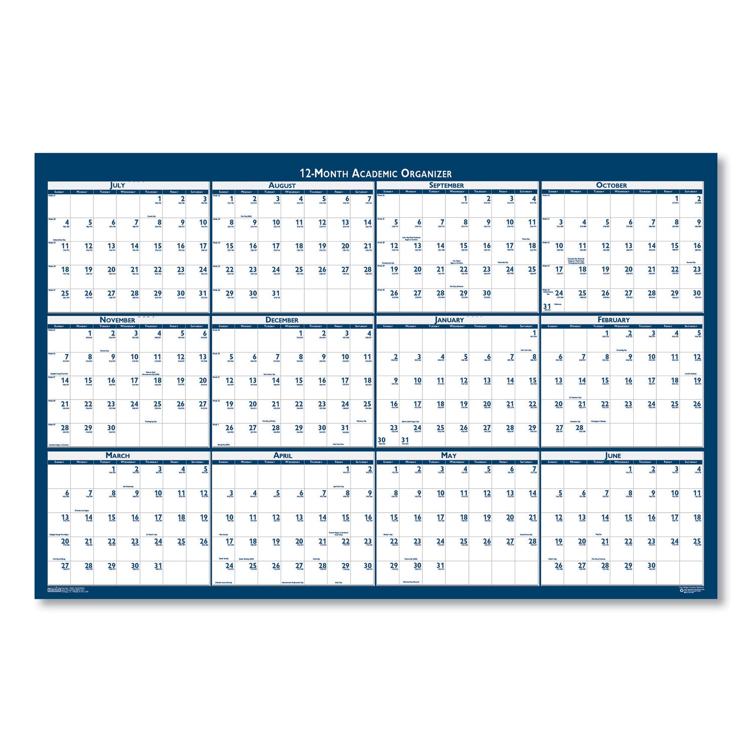 House of Doolittle™ Academic Year Recycled Poster Style Reversible/Erasable Yearly Wall Calendar, 24 x 37, 12-Month (July to June): 2024 to 2025