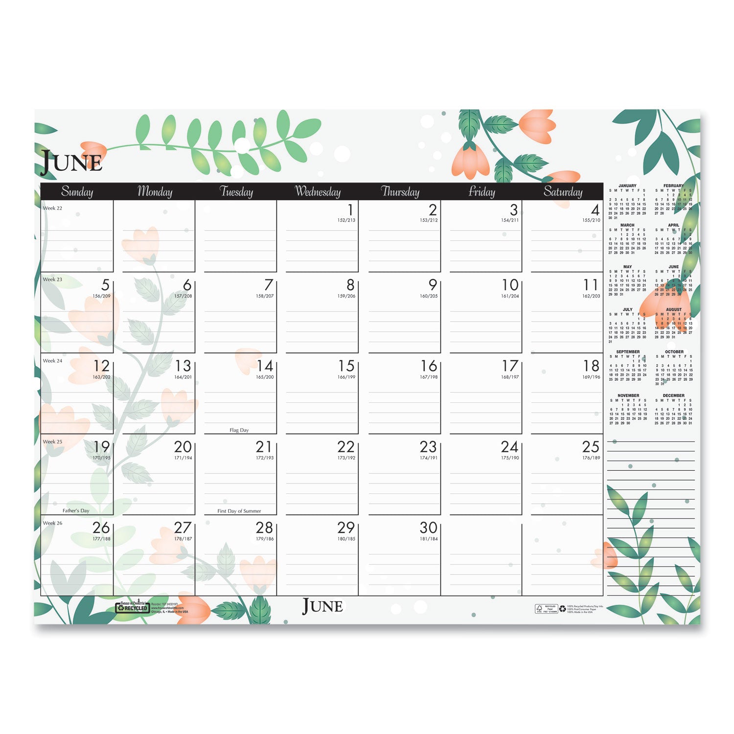 House of Doolittle™ Recycled Desk Pad Calendar, Wild Flowers Artwork, 18.5 x 13, White Sheets, Black Binding/Corners,12-Month (Jan-Dec): 2025