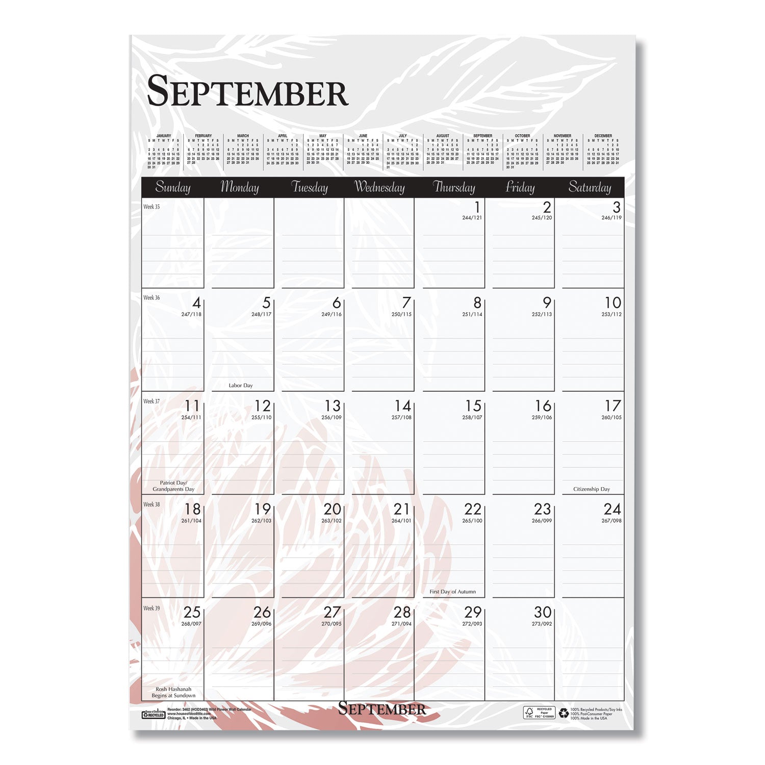 House of Doolittle™ Recycled Wild Flower Wall Calendar, Wild Flowers Artwork, 12 x 16.5, White/Multicolor Sheets, 12-Month (Jan to Dec): 2025