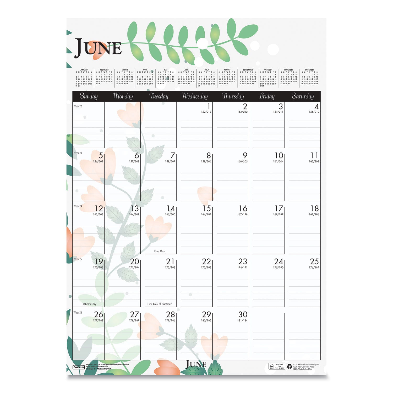 House of Doolittle™ Recycled Wild Flower Wall Calendar, Wild Flowers Artwork, 12 x 16.5, White/Multicolor Sheets, 12-Month (Jan to Dec): 2025