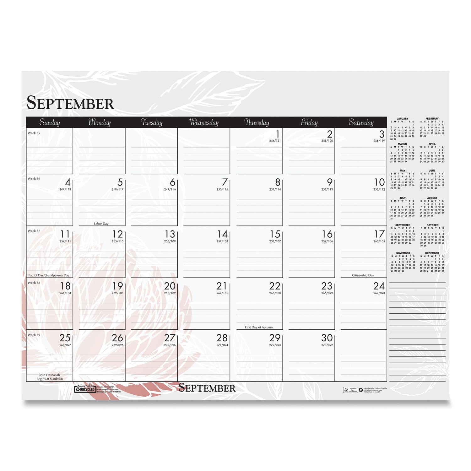 House of Doolittle™ Recycled Desk Pad Calendar, Wild Flowers Artwork, 18.5 x 13, White Sheets, Black Binding/Corners,12-Month (Jan-Dec): 2025