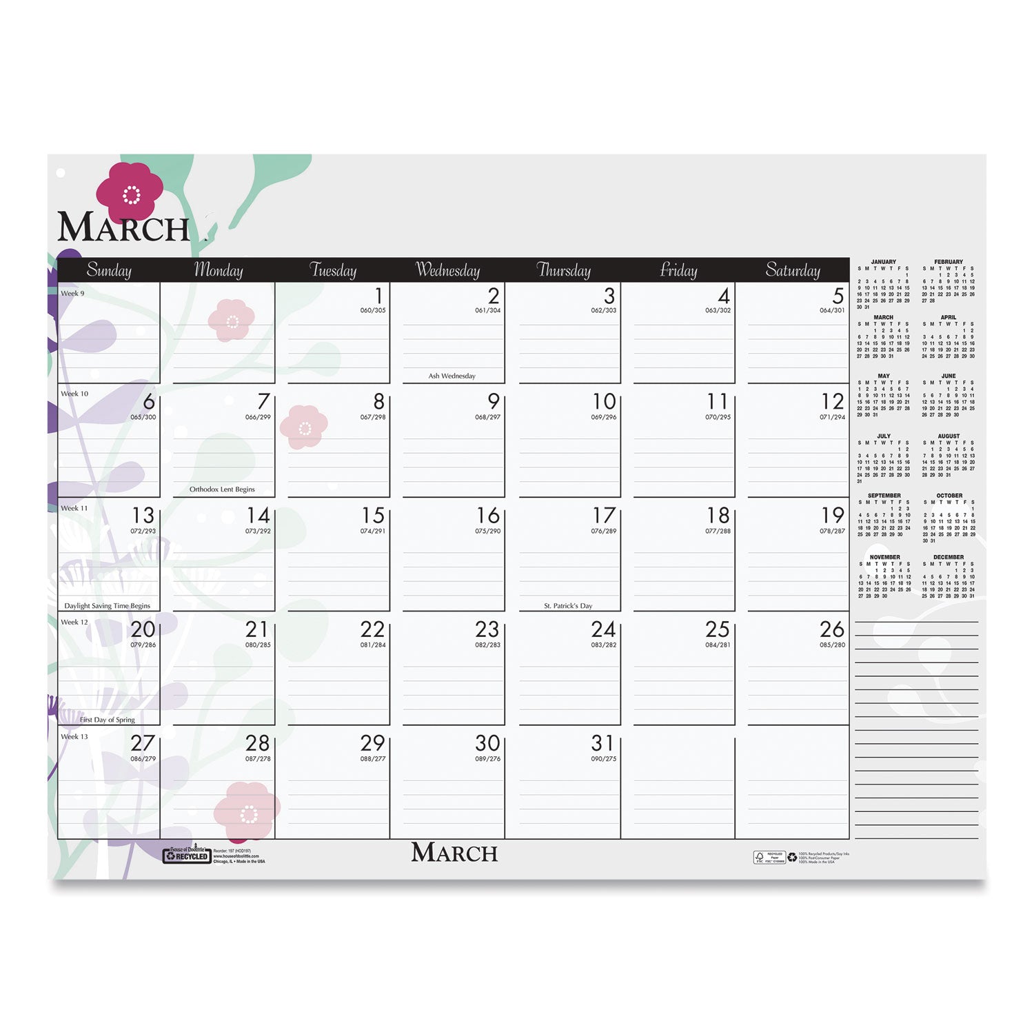 House of Doolittle™ Recycled Desk Pad Calendar, Wild Flowers Artwork, 18.5 x 13, White Sheets, Black Binding/Corners,12-Month (Jan-Dec): 2025