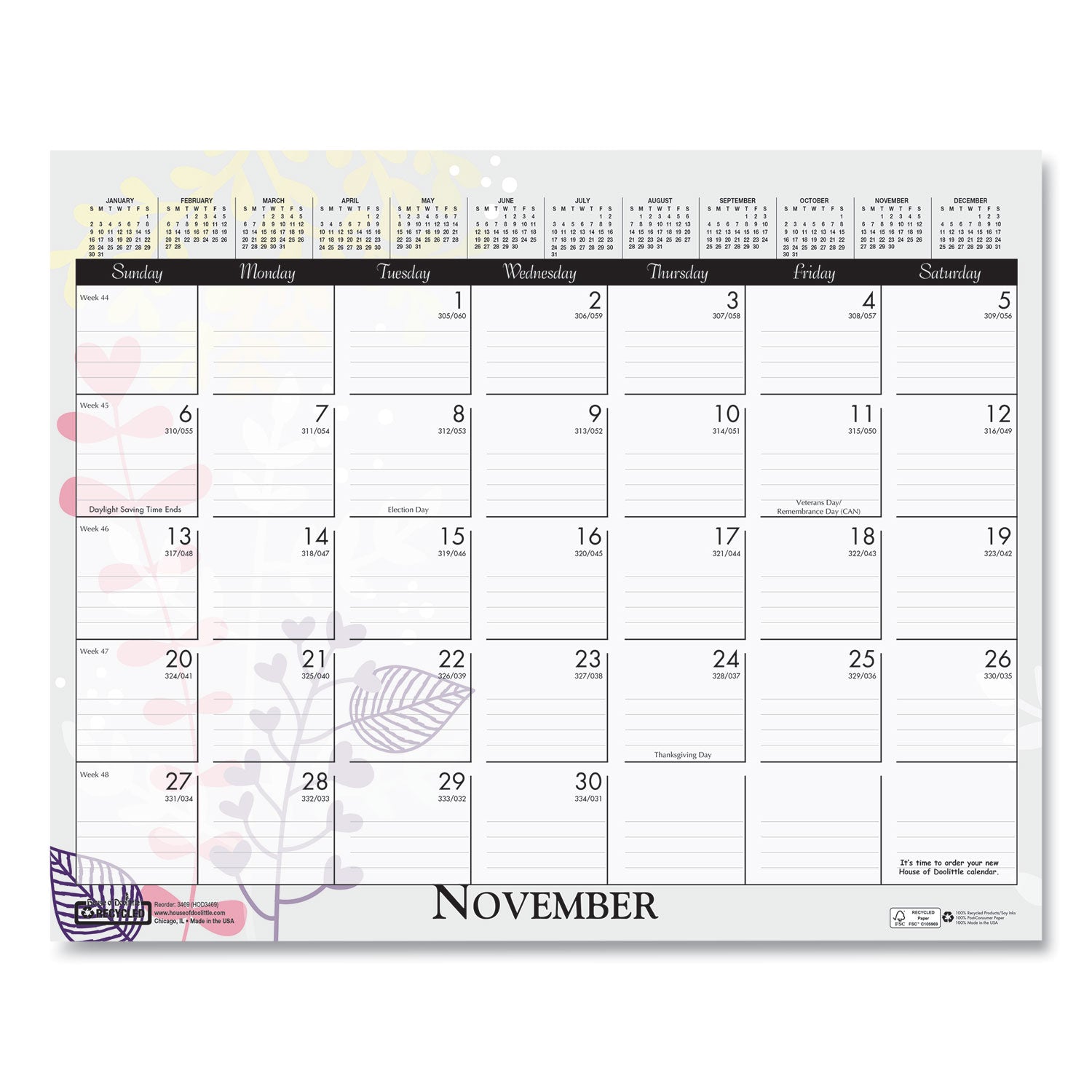 House of Doolittle™ Recycled Wild Flower Wall Calendar, Wild Flowers Artwork, 15 x 12, White/Multicolor Sheets, 12-Month (Jan to Dec): 2025