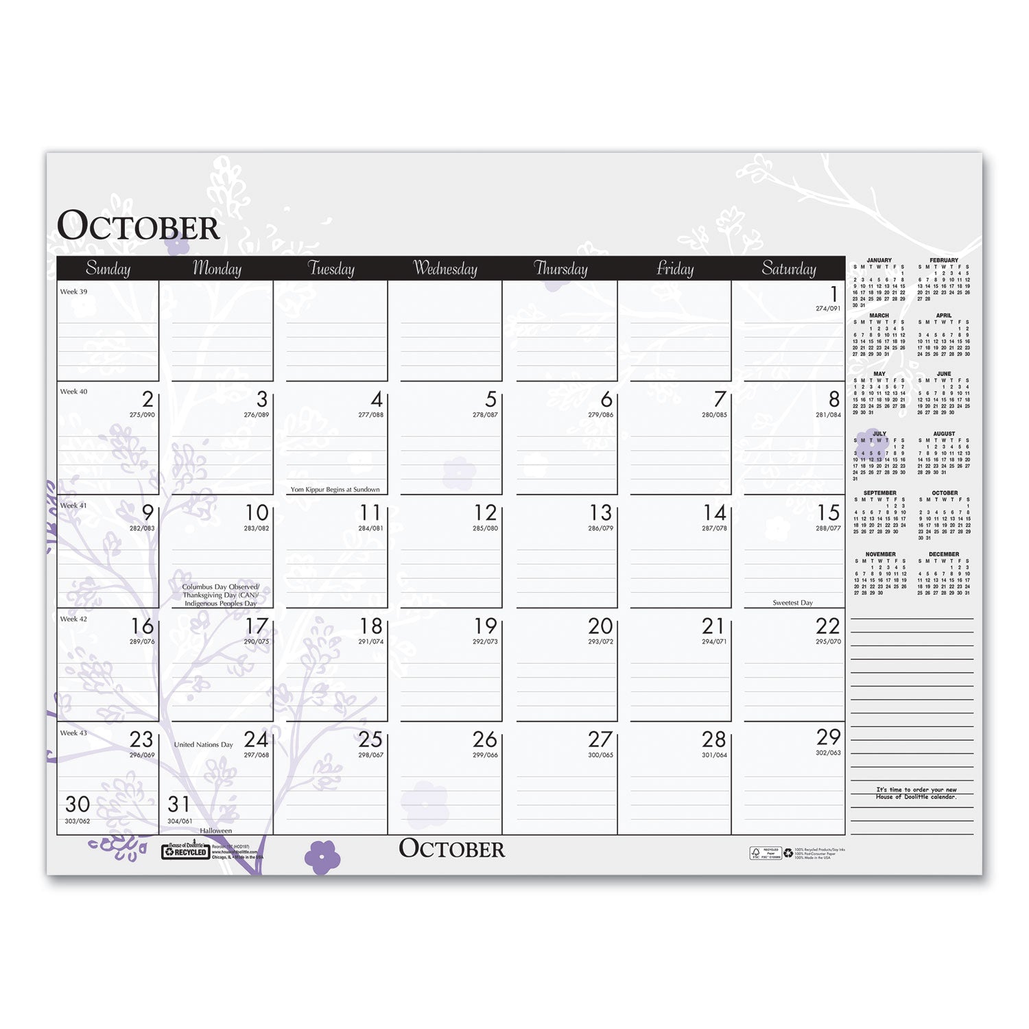 House of Doolittle™ Recycled Desk Pad Calendar, Wild Flowers Artwork, 18.5 x 13, White Sheets, Black Binding/Corners,12-Month (Jan-Dec): 2025