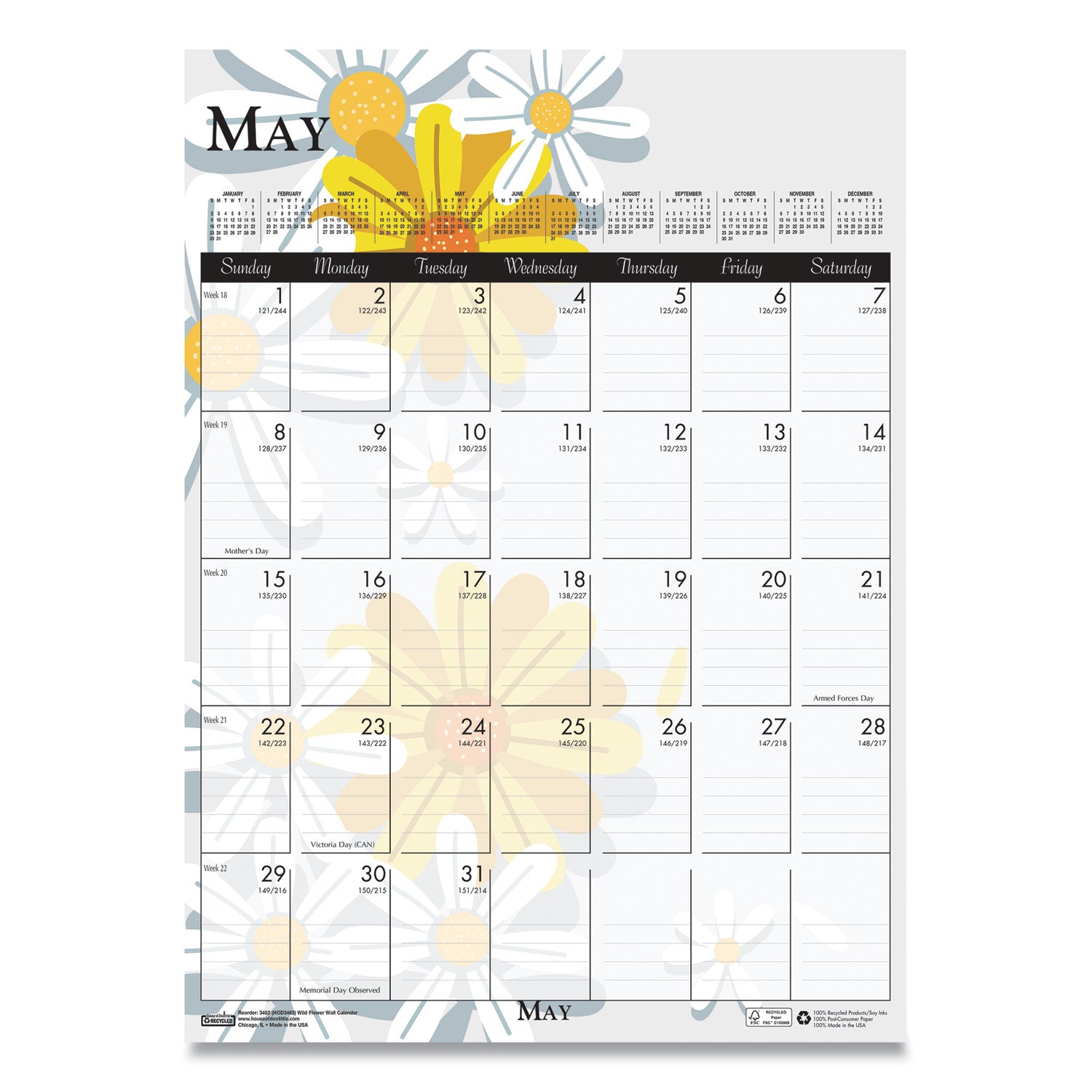 House of Doolittle™ Recycled Wild Flower Wall Calendar, Wild Flowers Artwork, 12 x 16.5, White/Multicolor Sheets, 12-Month (Jan to Dec): 2025