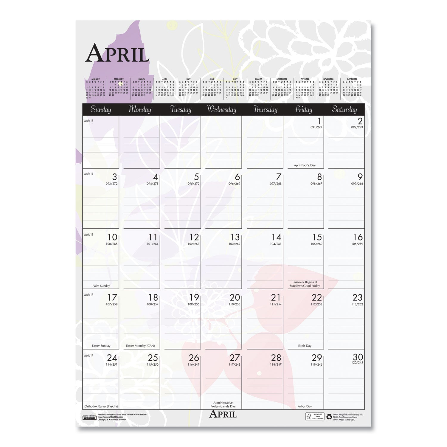 House of Doolittle™ Recycled Wild Flower Wall Calendar, Wild Flowers Artwork, 12 x 16.5, White/Multicolor Sheets, 12-Month (Jan to Dec): 2025