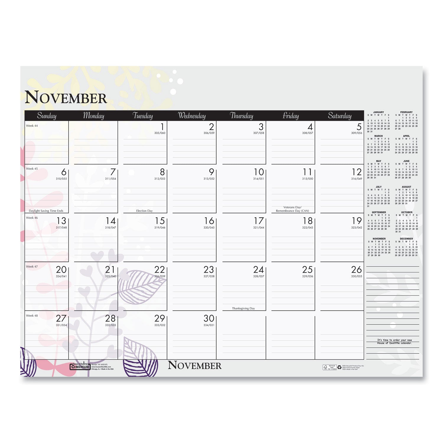 House of Doolittle™ Recycled Desk Pad Calendar, Wild Flowers Artwork, 18.5 x 13, White Sheets, Black Binding/Corners,12-Month (Jan-Dec): 2025
