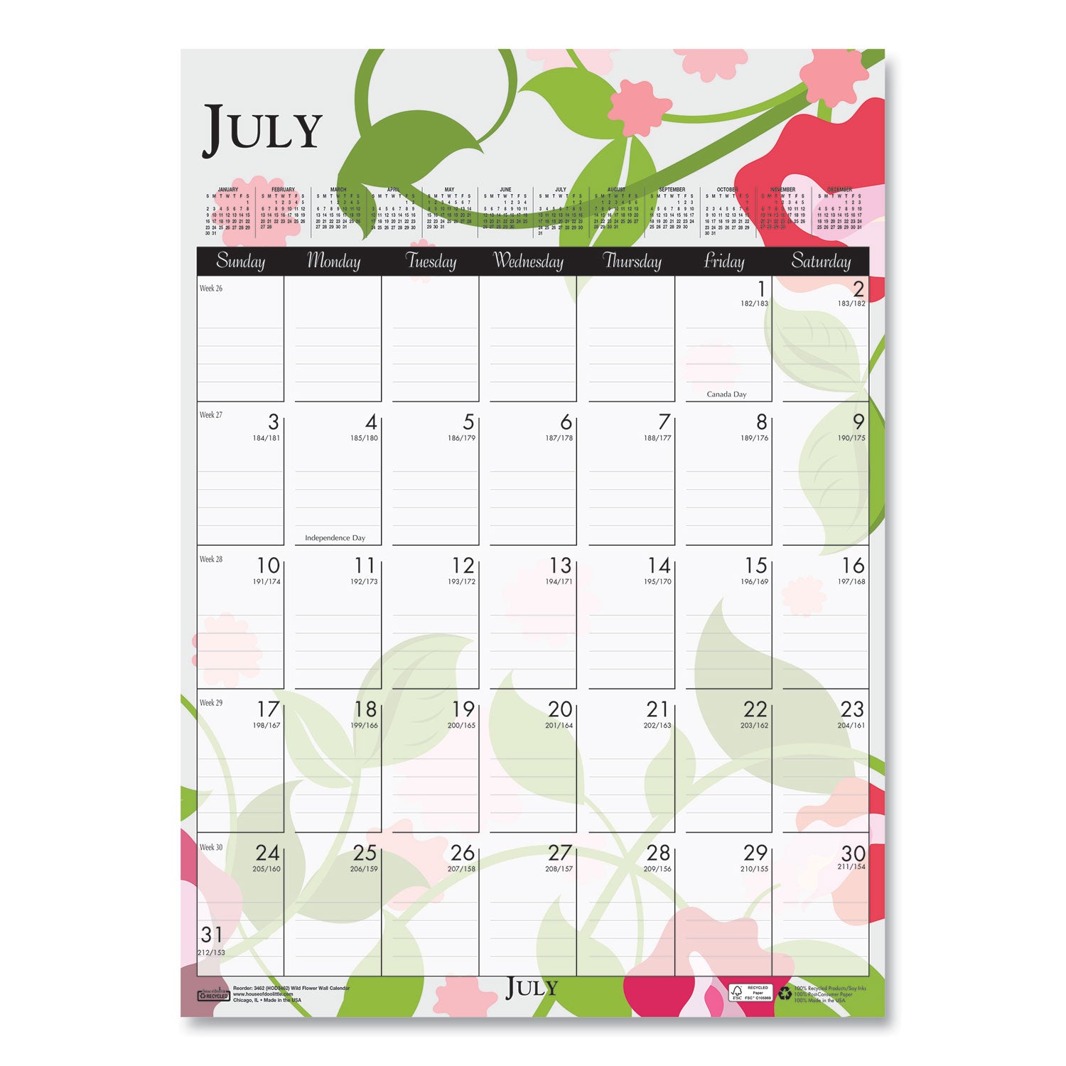 House of Doolittle™ Recycled Wild Flower Wall Calendar, Wild Flowers Artwork, 12 x 16.5, White/Multicolor Sheets, 12-Month (Jan to Dec): 2025