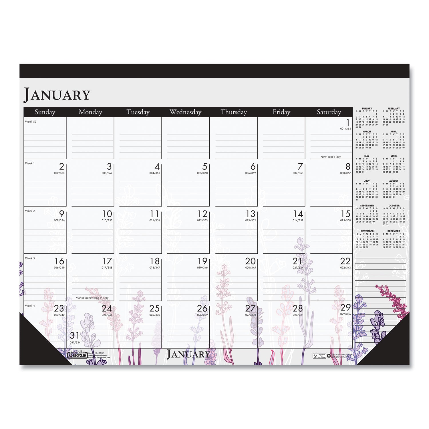 Recycled Desk Pad Calendar, Wild Flowers Artwork, 18.5 x 13, White Sheets, Black Binding/Corners,12-Month (Jan-Dec): 2025
