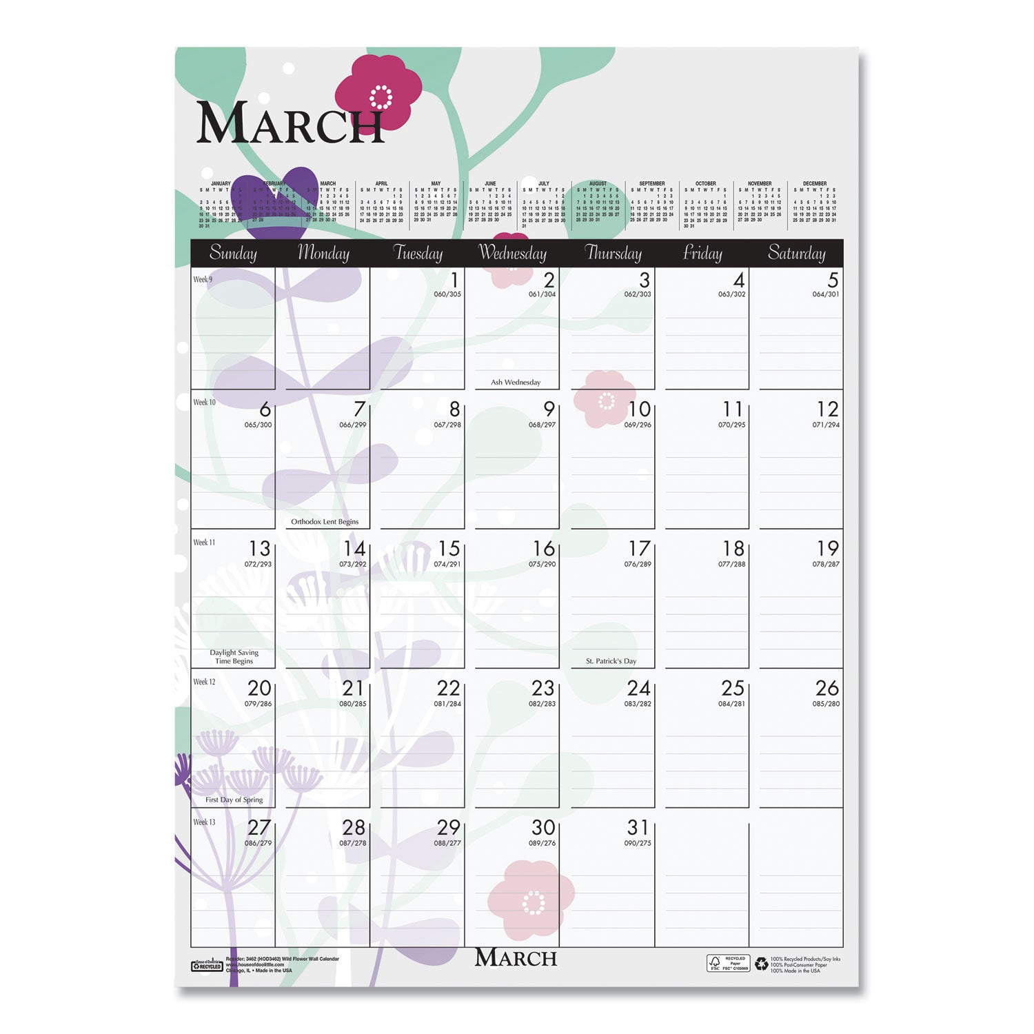 House of Doolittle™ Recycled Wild Flower Wall Calendar, Wild Flowers Artwork, 12 x 16.5, White/Multicolor Sheets, 12-Month (Jan to Dec): 2025