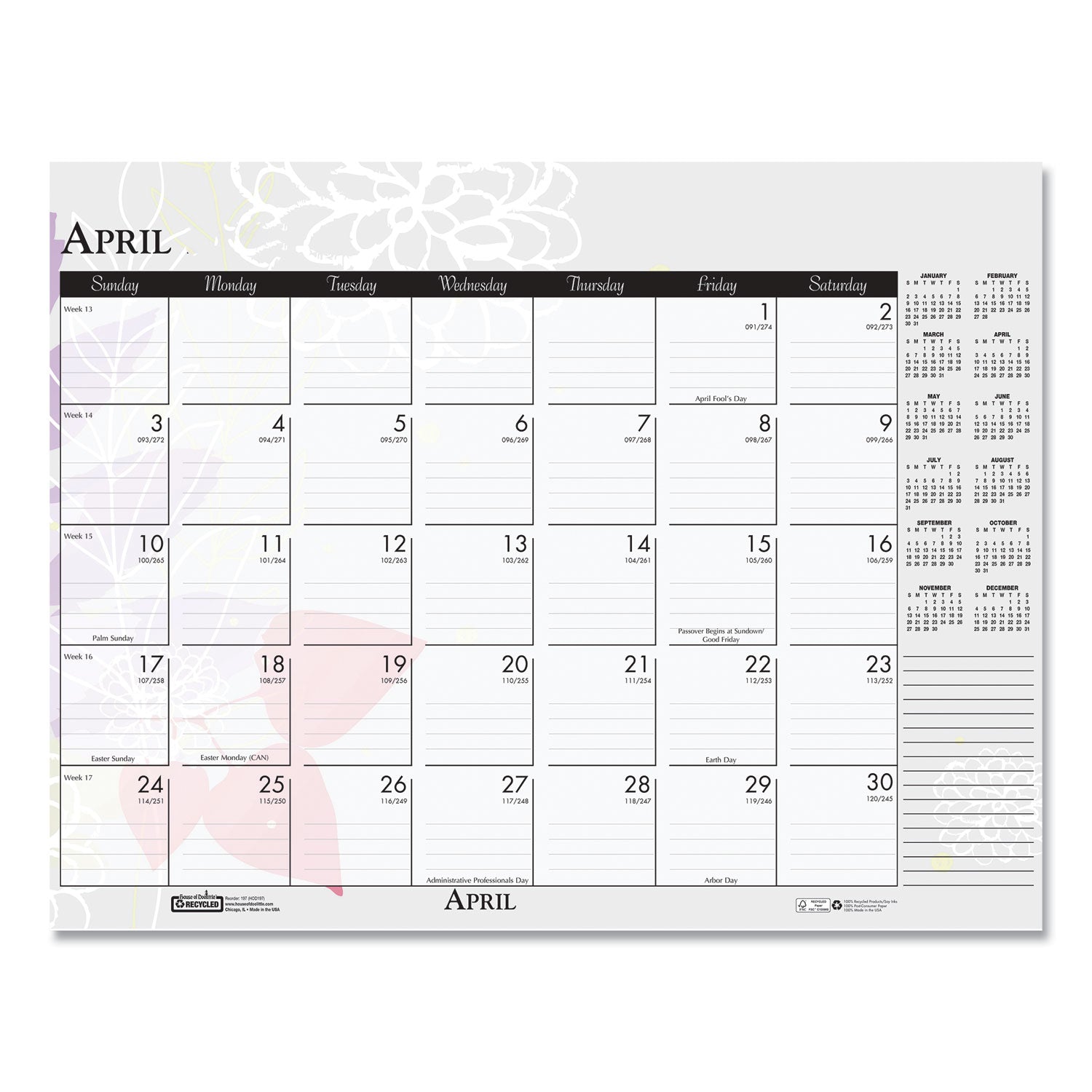 House of Doolittle™ Recycled Desk Pad Calendar, Wild Flowers Artwork, 18.5 x 13, White Sheets, Black Binding/Corners,12-Month (Jan-Dec): 2025