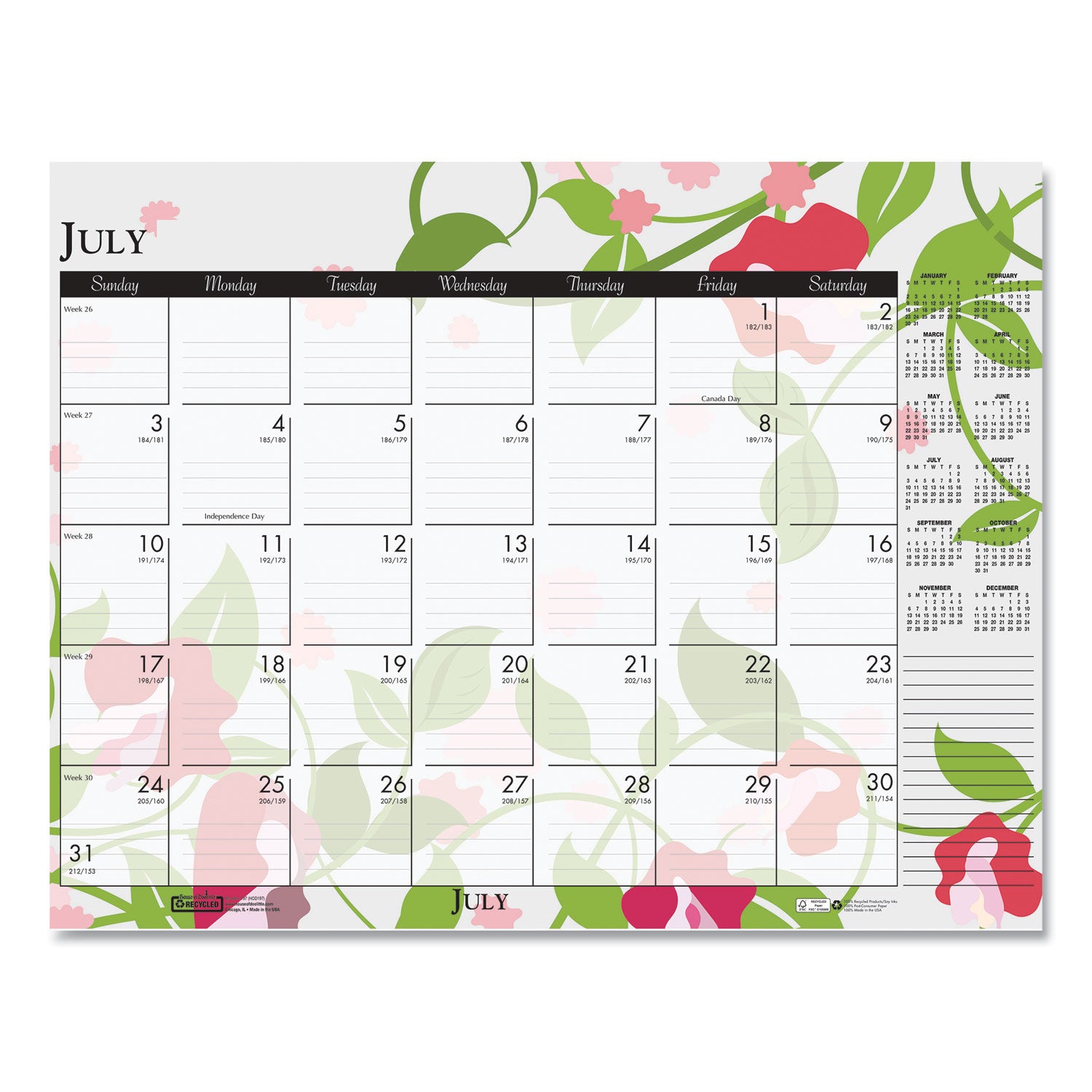 House of Doolittle™ Recycled Desk Pad Calendar, Wild Flowers Artwork, 18.5 x 13, White Sheets, Black Binding/Corners,12-Month (Jan-Dec): 2025