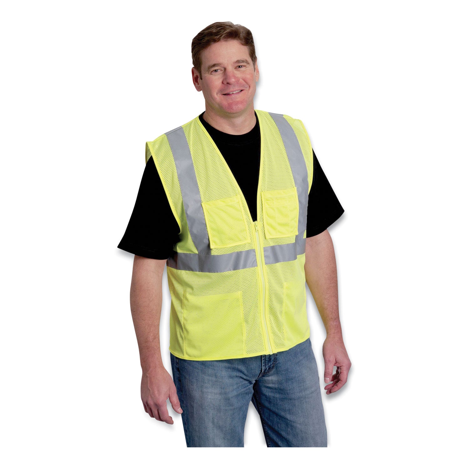 PIP ANSI Class 2 Four Pocket Zipper Safety Vest, Polyester Mesh, 5X-Large, Hi-Viz Lime Yellow
