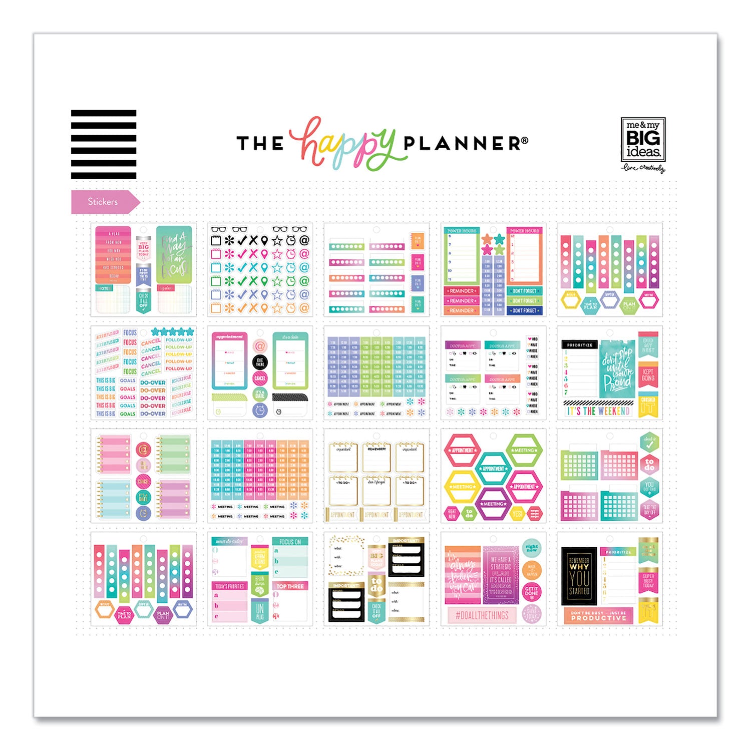 The Happy Planner® Productivity Multi Accessory Pack, 20 Double-Sided Pre-Punched Cards, 20 Half-Sheet Stickers, 3 Sticky Note Pads
