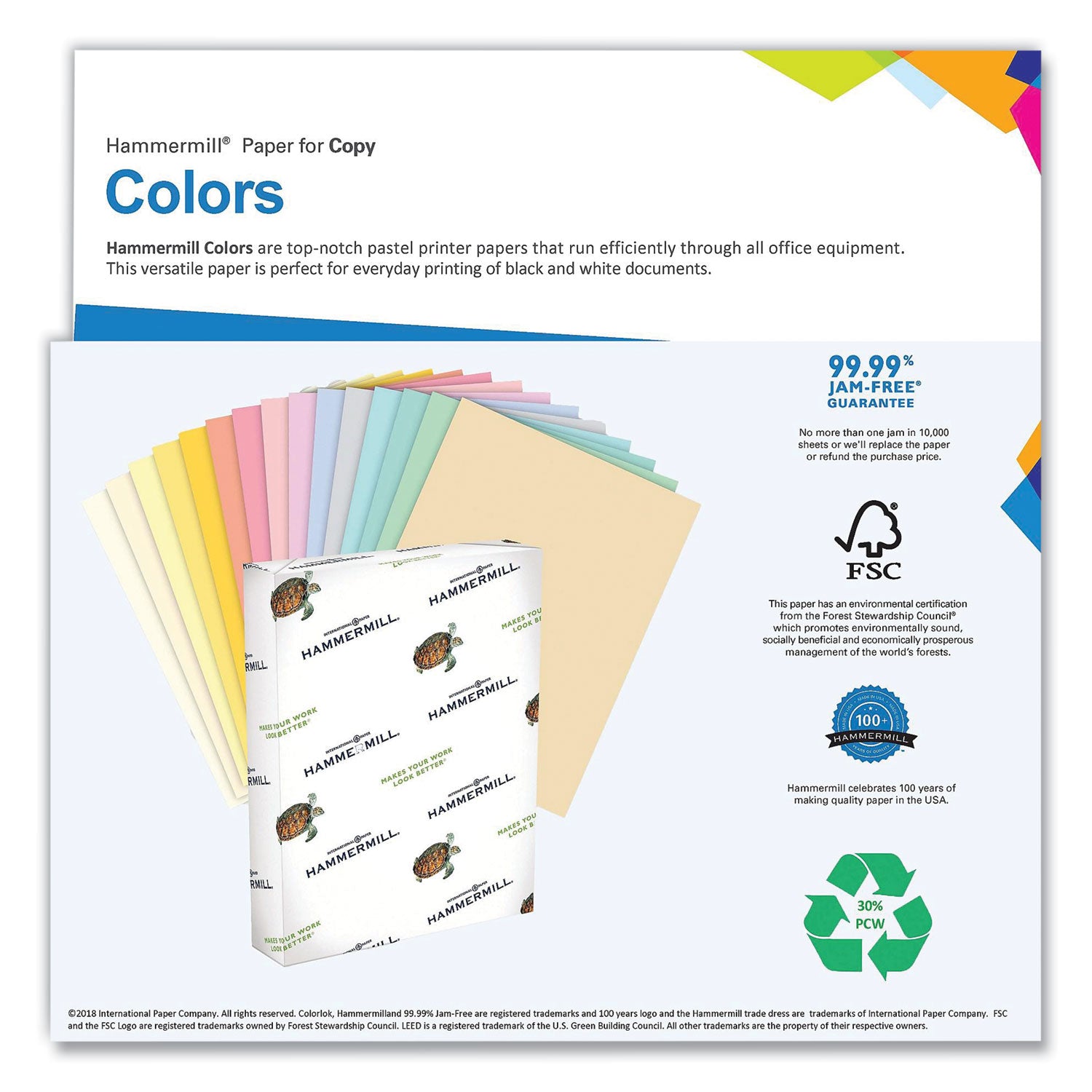 Hammermill® Colors Print Paper, 20 lb Bond Weight, 11 x 17, Blue, 500/Ream