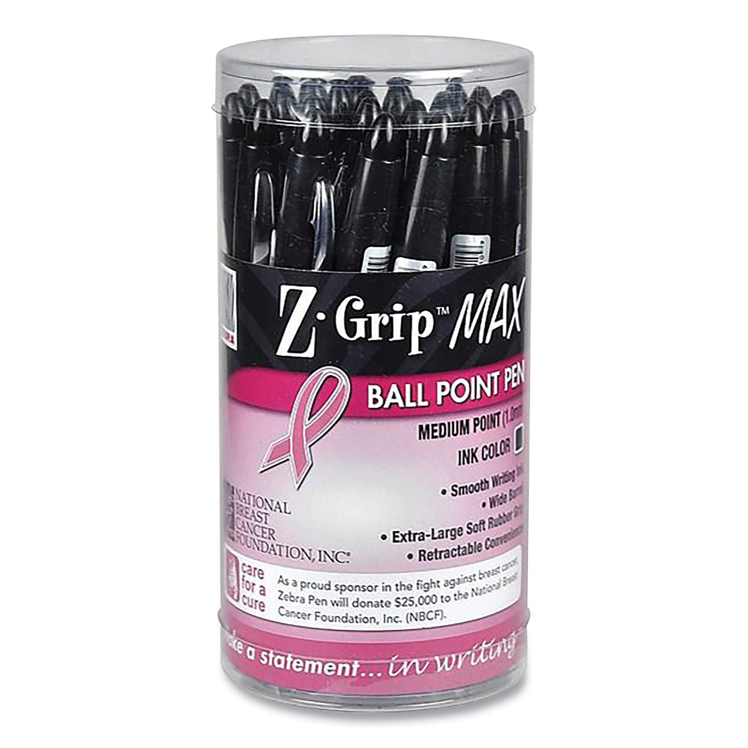 Z-Grip MAX Breast Cancer Awareness Ballpoint Pen, Retractable, Bold 1.2 mm, Black Ink, Silver/Black Barrel, 24/Pack