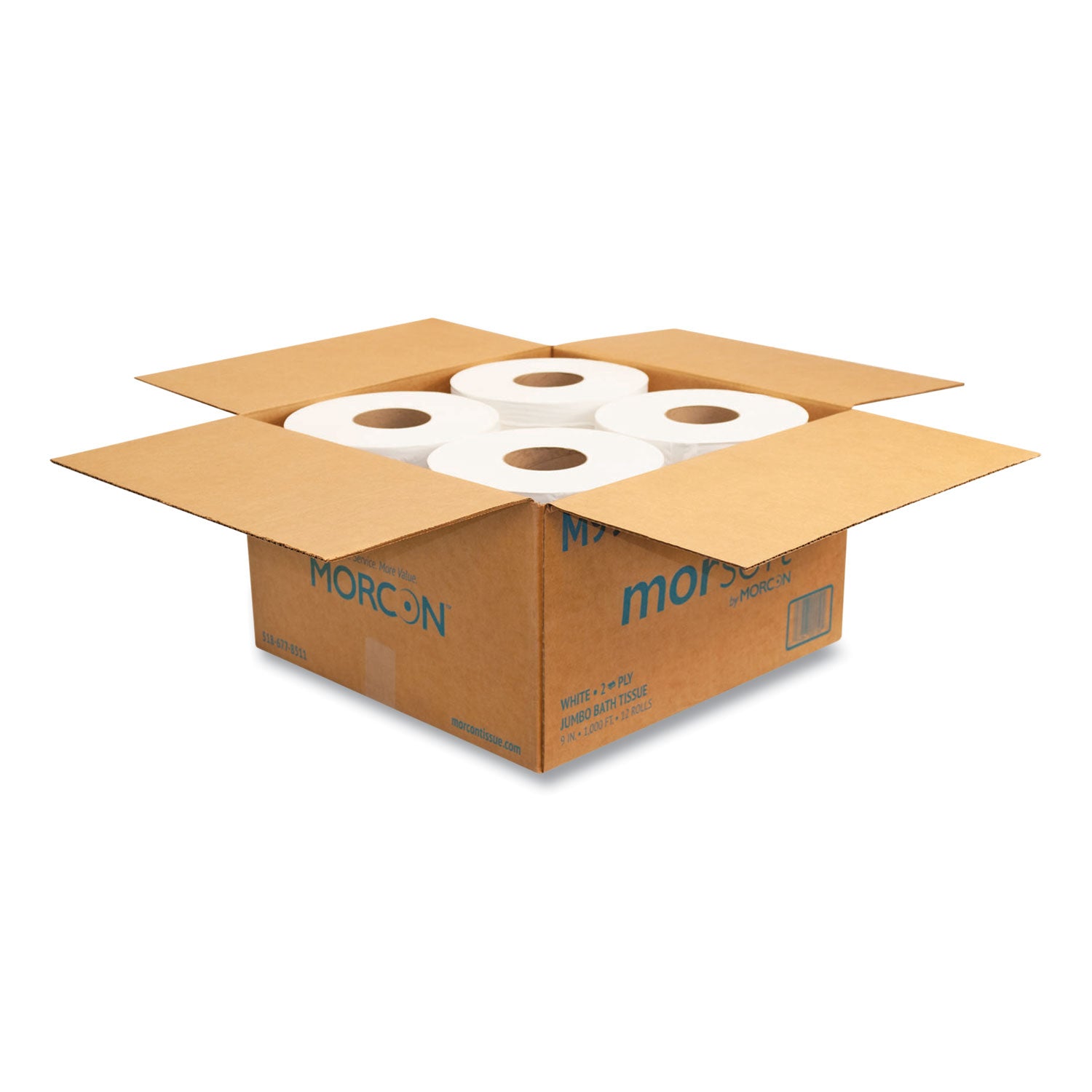Morcon Tissue Jumbo Bath Tissue, Septic Safe, 2-Ply, White, 3.3" x 1,000 ft, 12/Carton