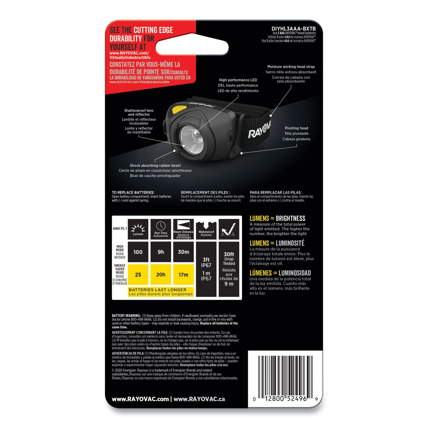 Rayovac® Virtually Indestructible Led Headlight, 3 Aaa Batteries (included), 30 M Projection, Black