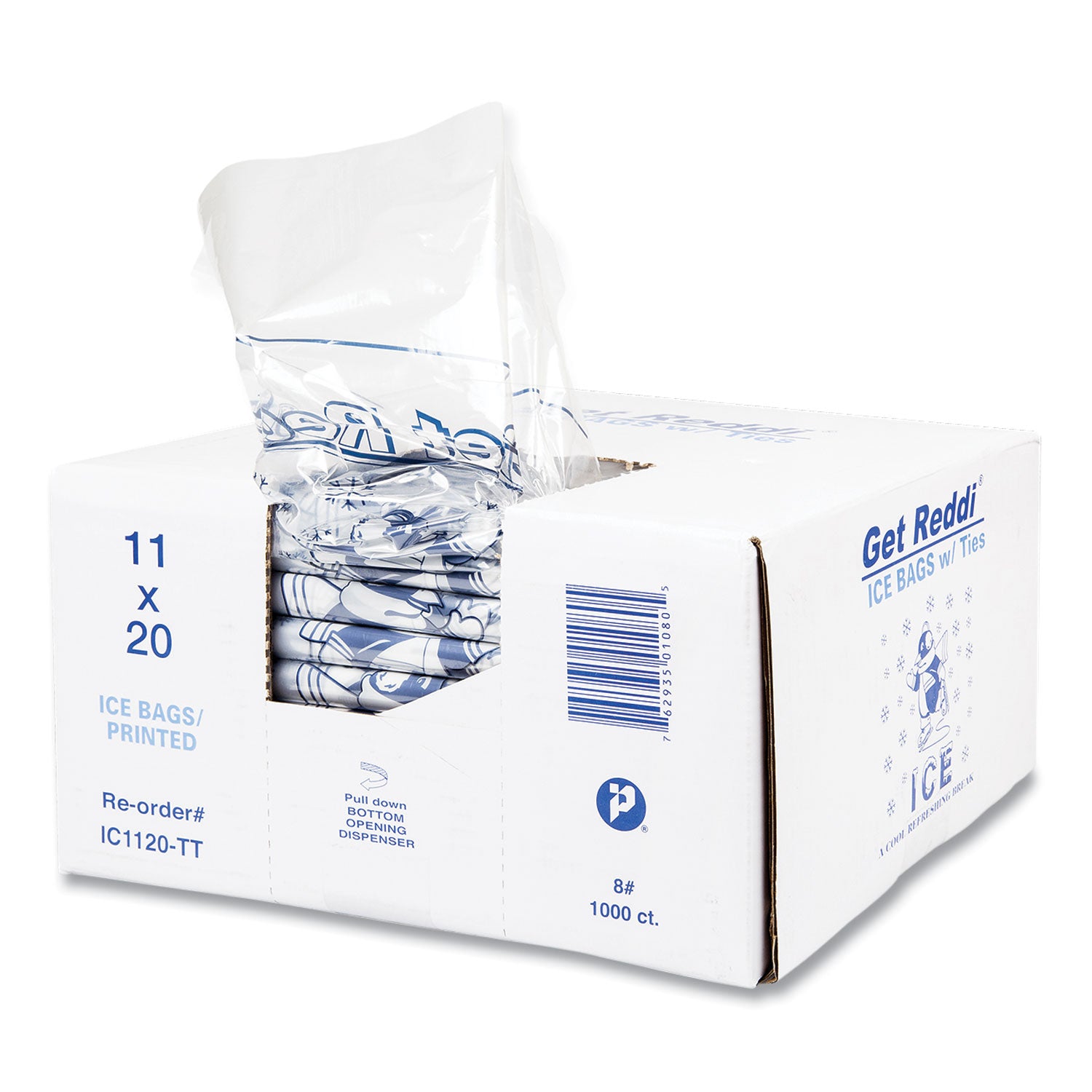 Inteplast Group Ice Bags with Twist-Ties, Ice: Penguin Icon Labeling, 8 lb Capacity, 11" x 20", Clear, 1,000/Carton