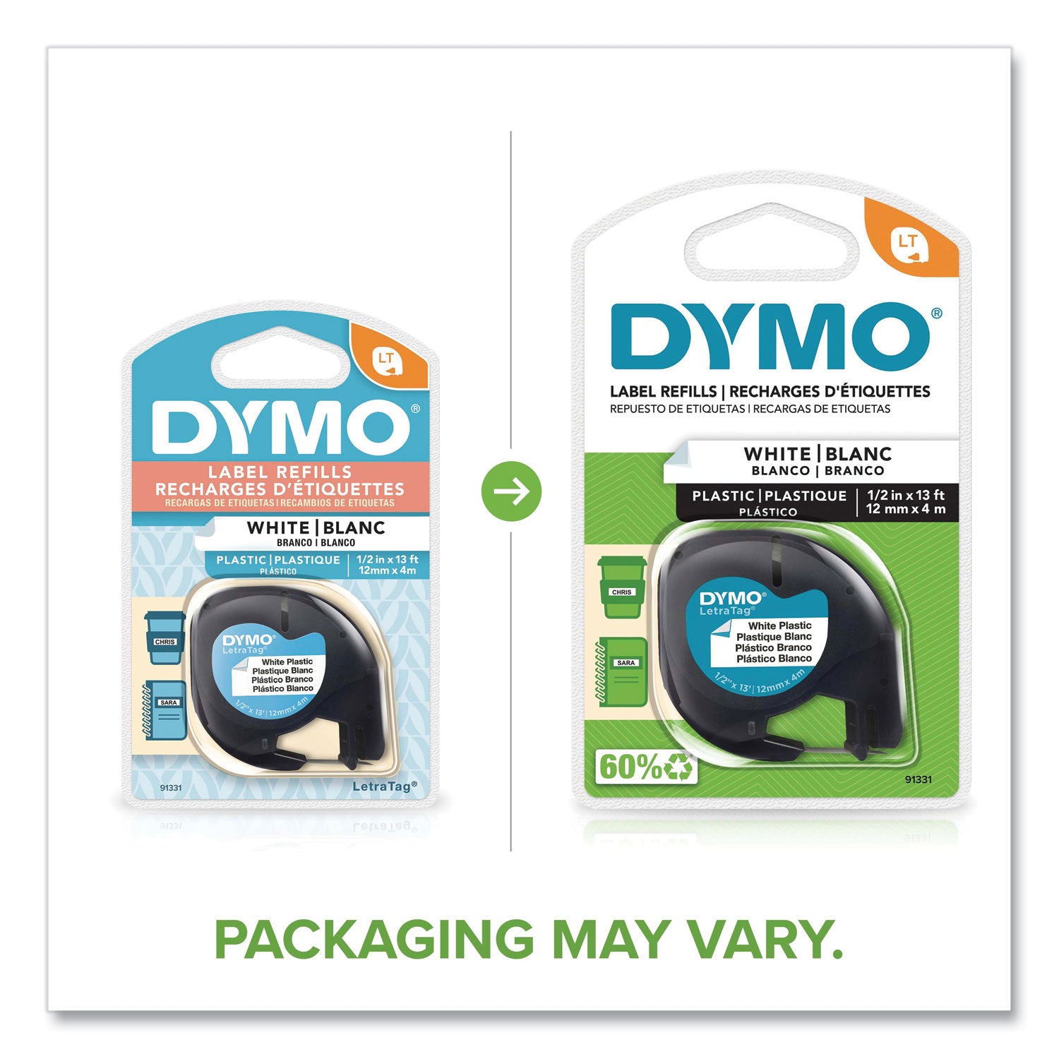 DYMO® Letratag Plastic Label Tape Cassette, 0.5" X 13 Ft, White