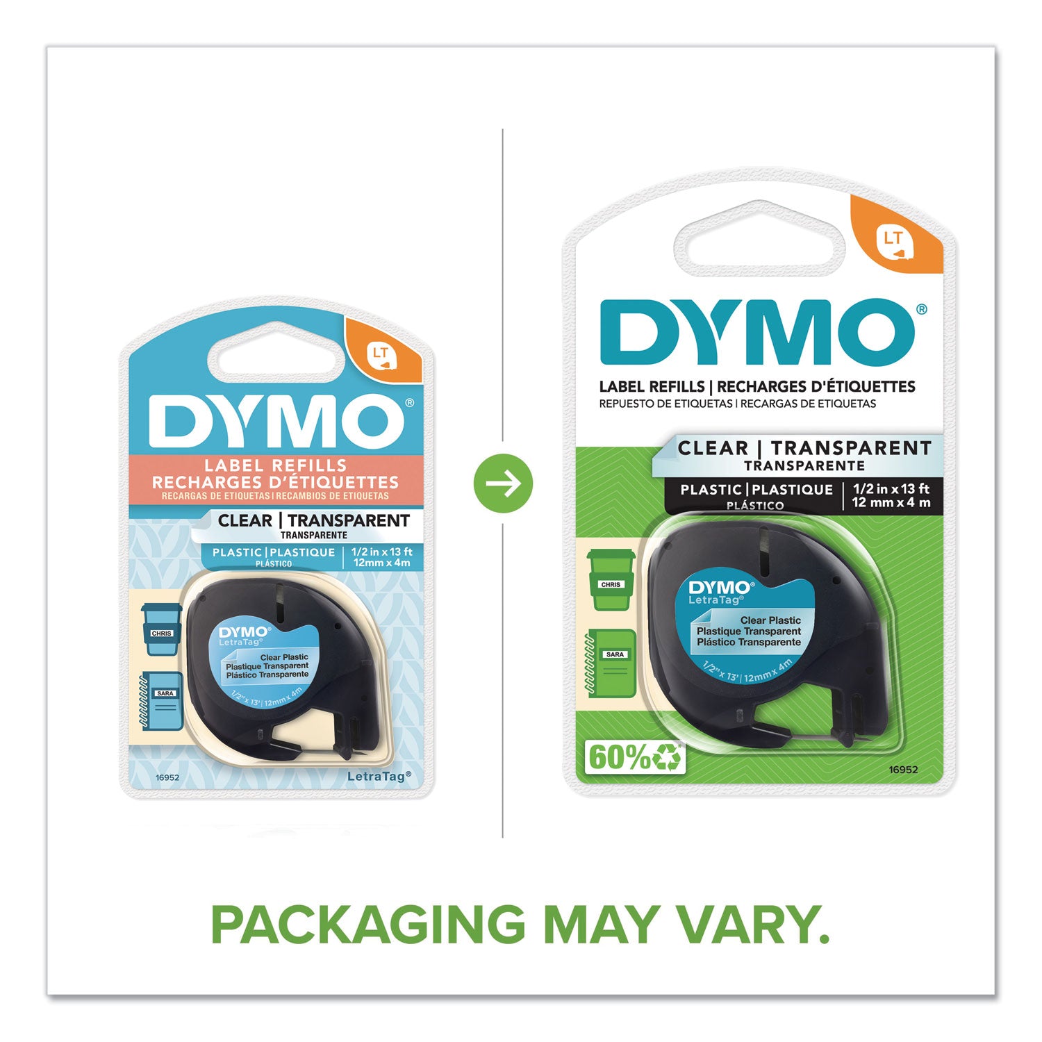 DYMO® Letratag Plastic Label Tape Cassette, 0.5" X 13 Ft, Clear