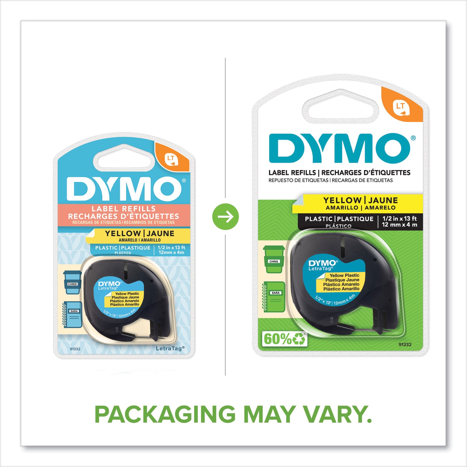 DYMO® Letratag Plastic Label Tape Cassette, 0.5" X 13 Ft, Yellow