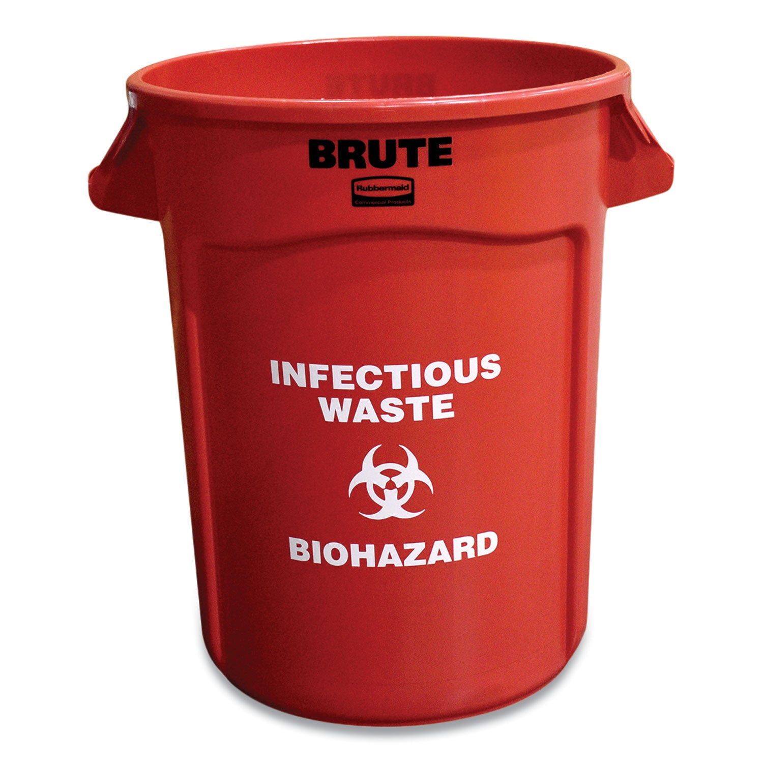 Rubbermaid® Commercial Vented Round Brute Container, "Infectious Waste: Biohazard" Imprint, 32 gal, Plastic, Red