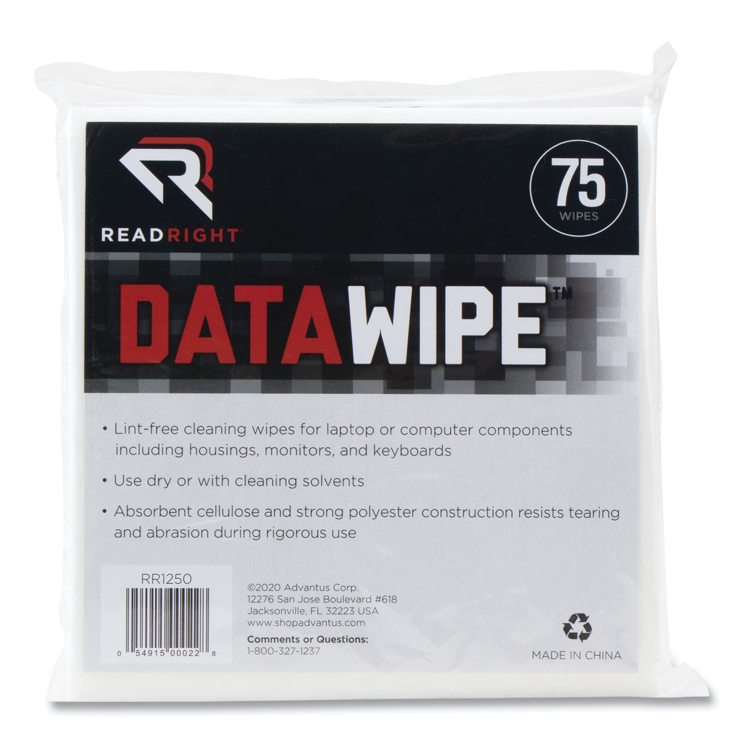 Read Right® Datawipe Office Equipment Cleaner, Cloth, 6 X 6, White, 75/pack