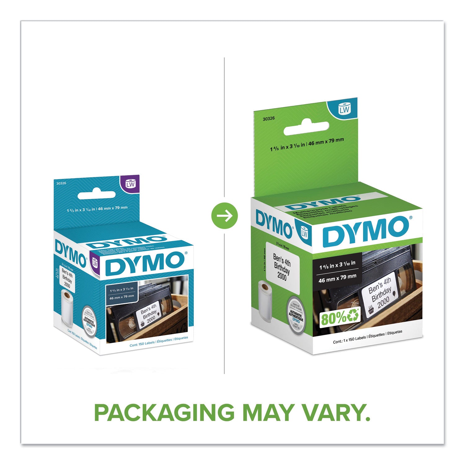 DYMO® Labelwriter Vhs Top Labels, 1.8" X 3.1", White, 150 Labels/roll