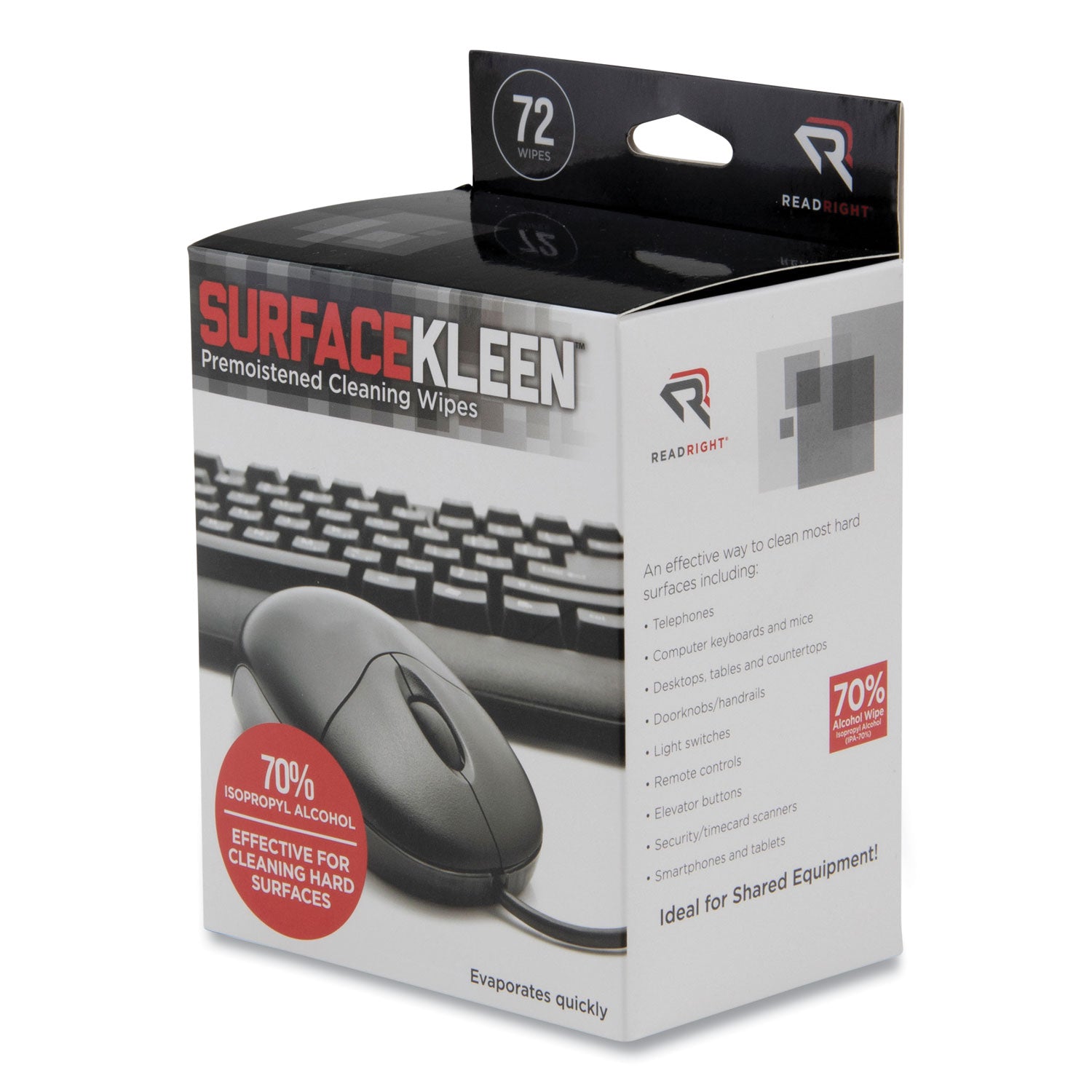 Read Right® SurfaceKleen Premoistened Alcohol Cleaning Wipes, 5 x 5, Individual Foil Packets, Unscented, White, 72/Box