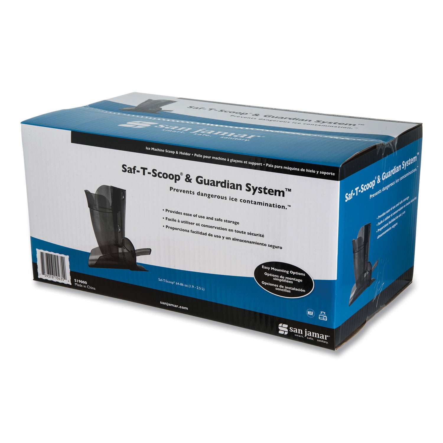 San Jamar® Saf-T-Scoop and Guardian System for Ice Machines, 12 oz to 16 oz Ice Scoop, Transparent Blue, 50/Carton