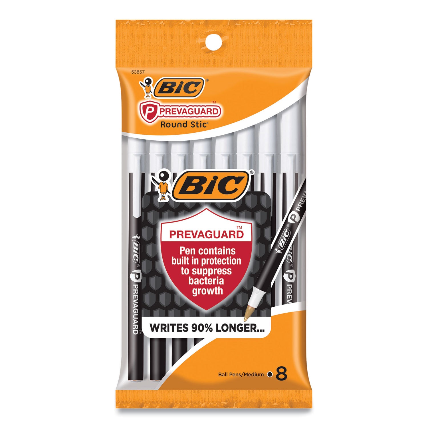 BIC® PrevaGuard Round Stic Ballpoint Pen, Stick, Medium 1 mm, Black Ink, Black Barrel, 8/Pack