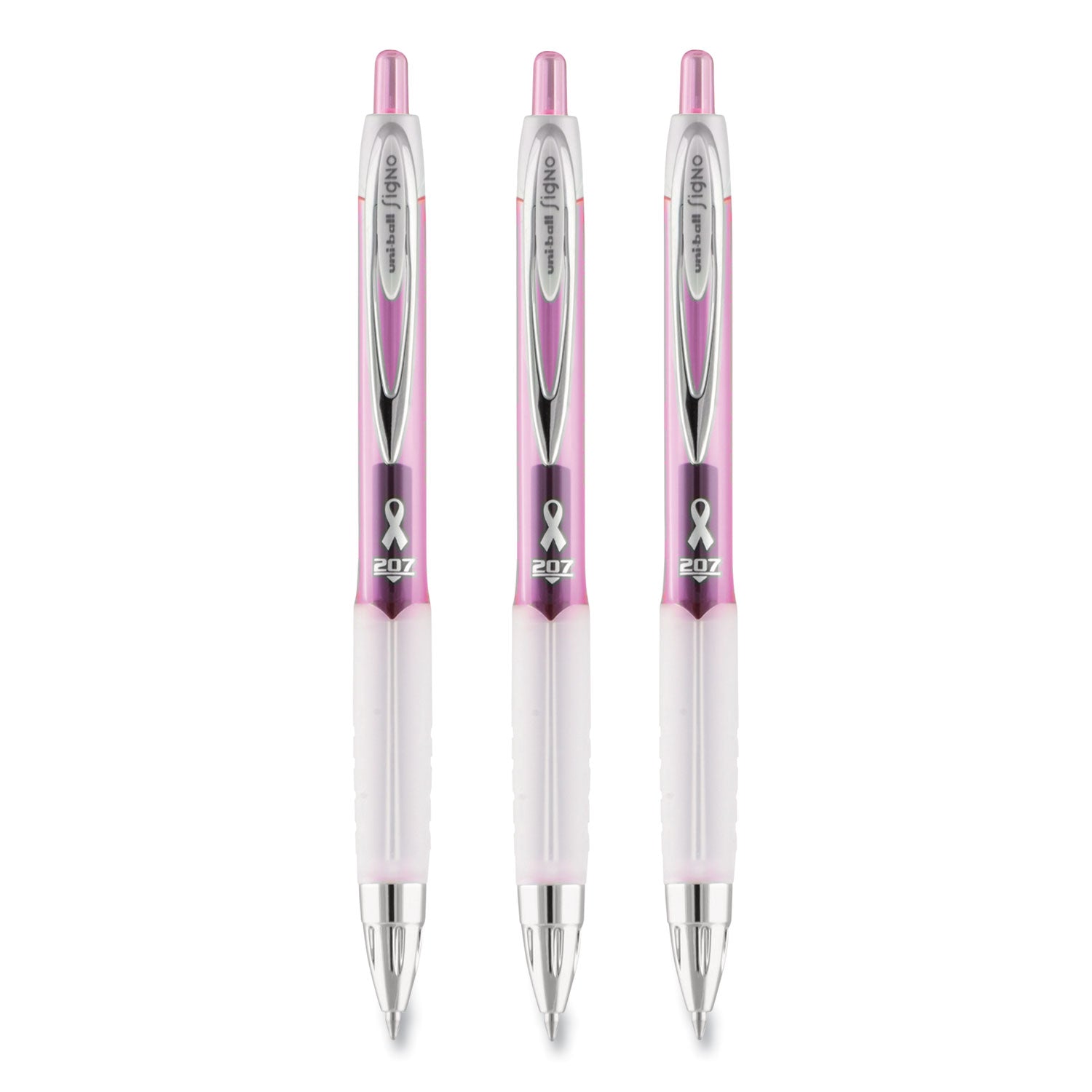uniball® Signo 207 City of Hope Edition Gel Pen, Retractable, Medium 0.7 mm, Black Ink, Translucent Pink/White Barrel, Dozen