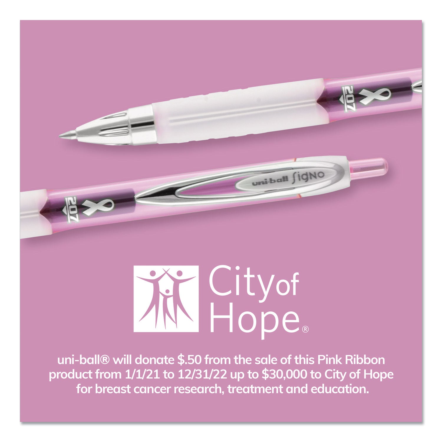 uniball® Signo 207 City of Hope Edition Gel Pen, Retractable, Medium 0.7 mm, Black Ink, Translucent Pink/White Barrel, Dozen