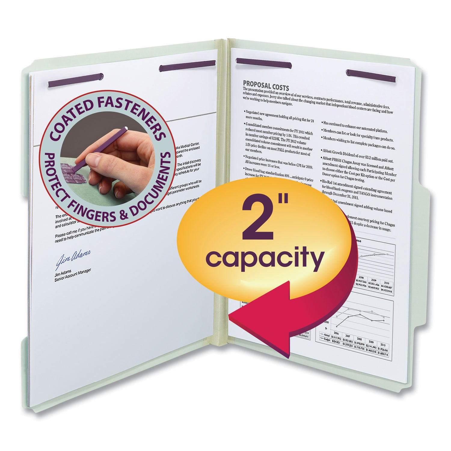 Smead Recycled Pressboard Folders, Two SafeSHIELD Coated Fasteners, 2/5-Cut: R of C, 2" Expansion, Letter Size, Gray-Green, 25/Box