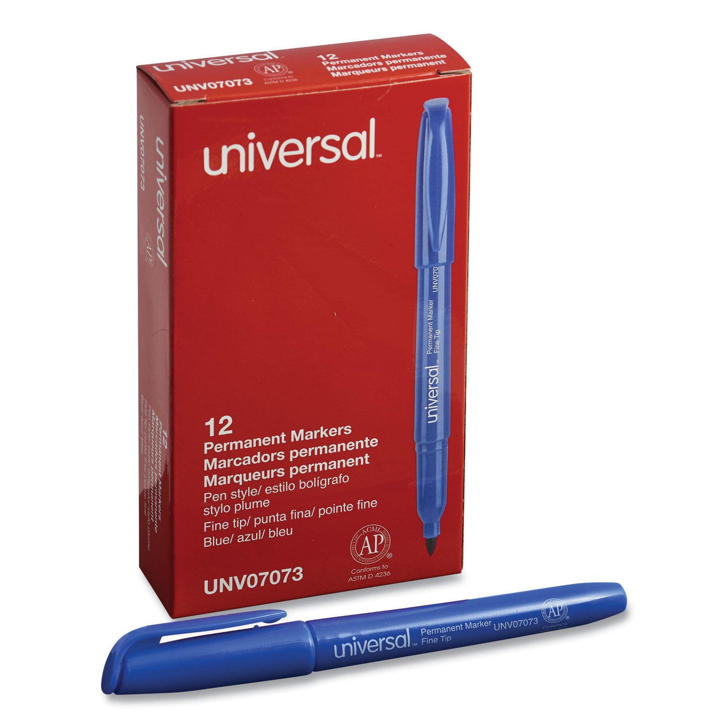 Universal™ Pen-Style Permanent Marker, Fine Bullet Tip, Blue, Dozen