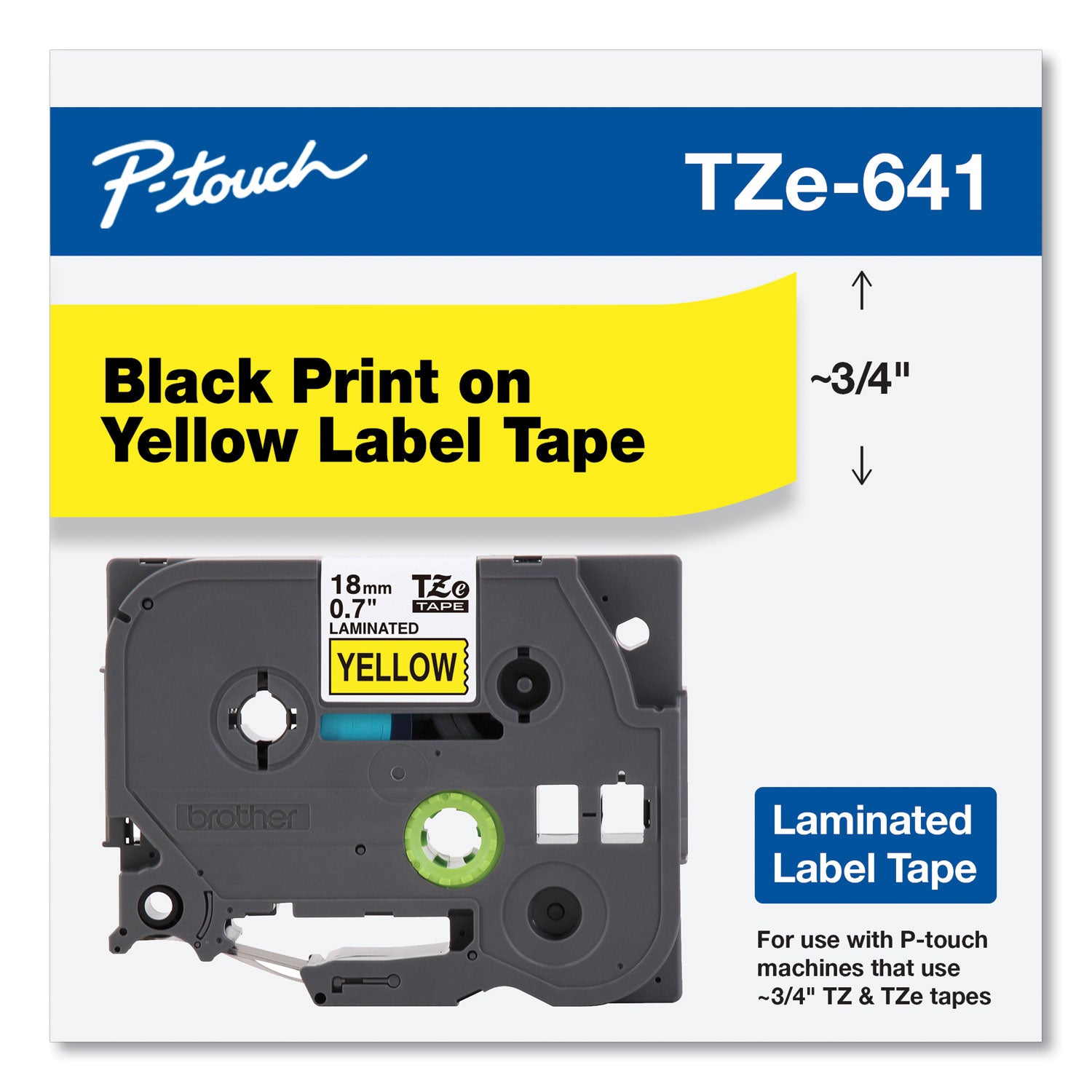 Brother P-Touch® Tze Standard Adhesive Laminated Labeling Tape, 0.7" X 26.2 Ft, Black On Yellow