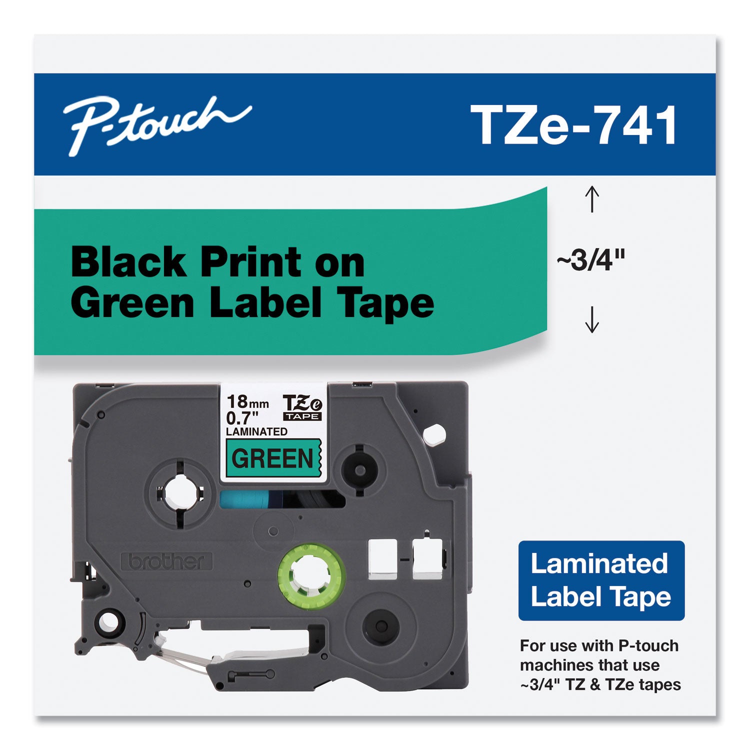 Brother P-Touch® Tze Standard Adhesive Laminated Labeling Tape, 0.7" X 26.2 Ft, Black On Green