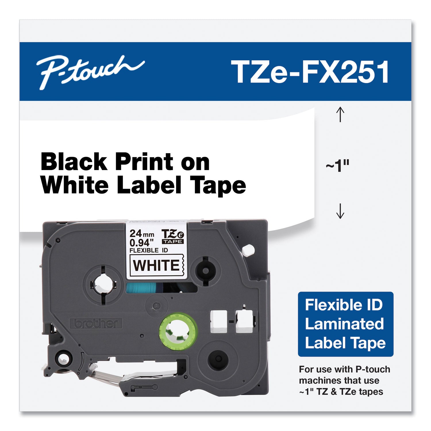 Brother P-Touch® Tze Flexible Tape Cartridge For P-Touch Labelers, 0.94" X 26.2 Ft, Black On White