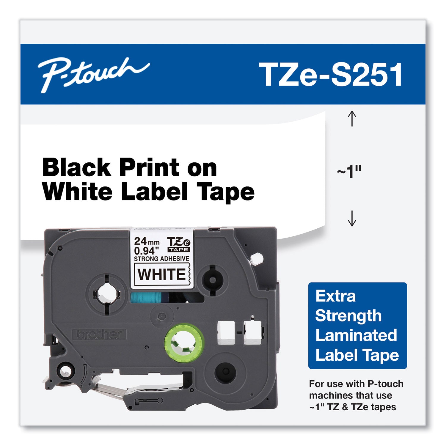 Brother P-Touch® Tze Extra-Strength Adhesive Laminated Labeling Tape, 0.94" X 26.2 Ft, Black On White