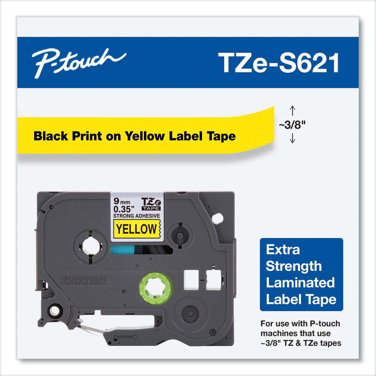 Brother P-Touch® Tze Extra-Strength Adhesive Laminated Labeling Tape, 0.35" X 26.2 Ft, Black On Yellow