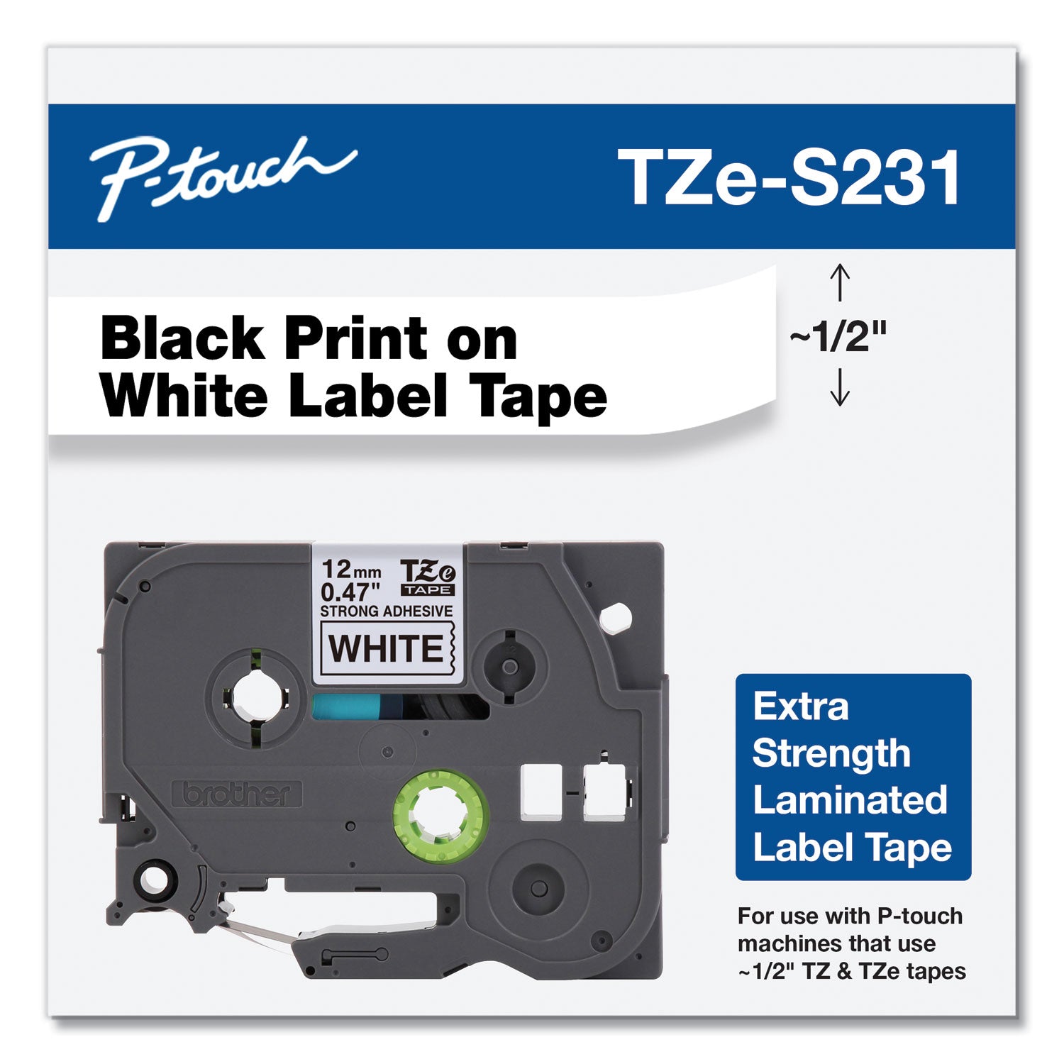Brother P-Touch® Tze Extra-Strength Adhesive Laminated Labeling Tape, 0.47" X 26.2 Ft, Black On White