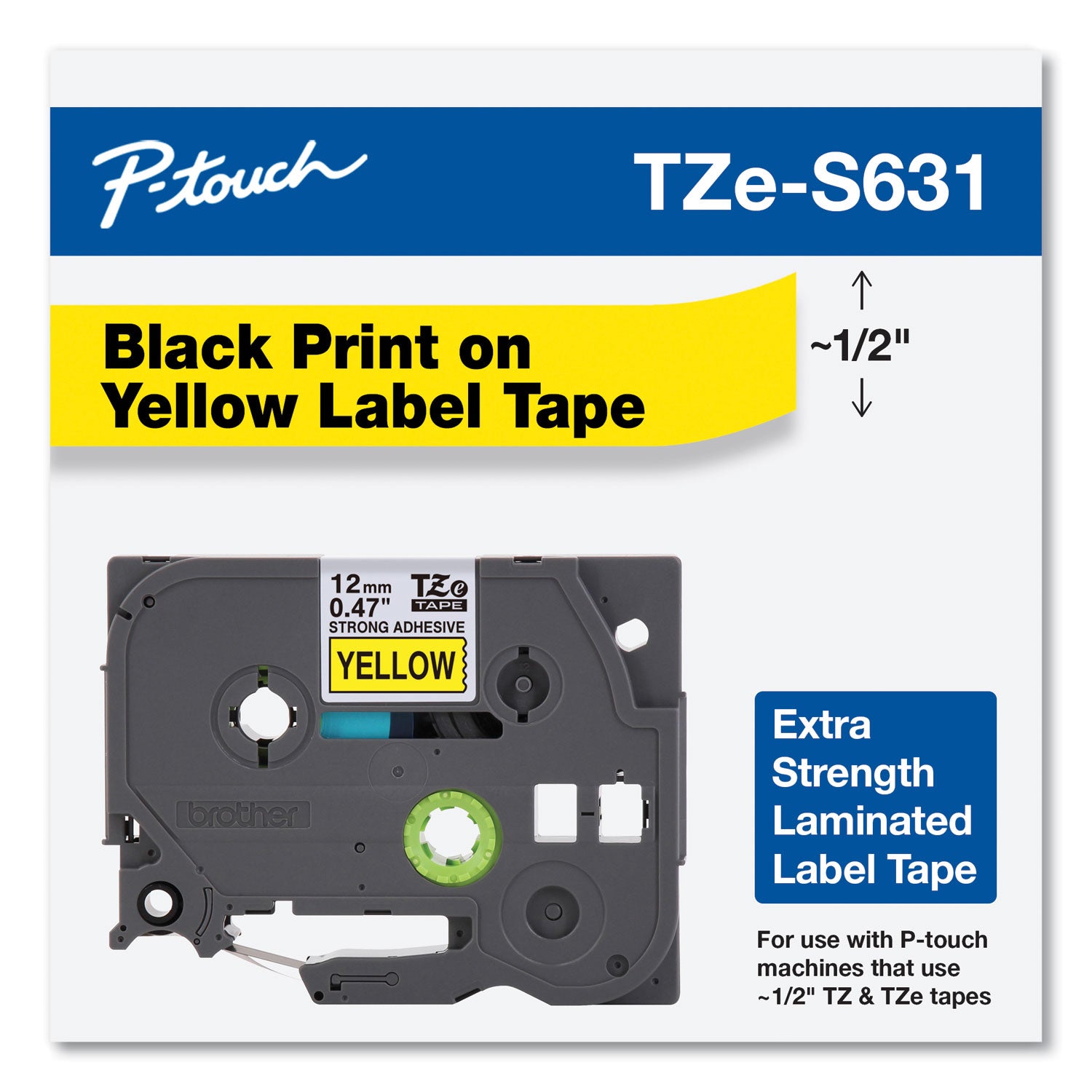 Brother P-Touch® Tze Extra-Strength Adhesive Laminated Labeling Tape, 0.47" X 26.2 Ft, Black On Yellow