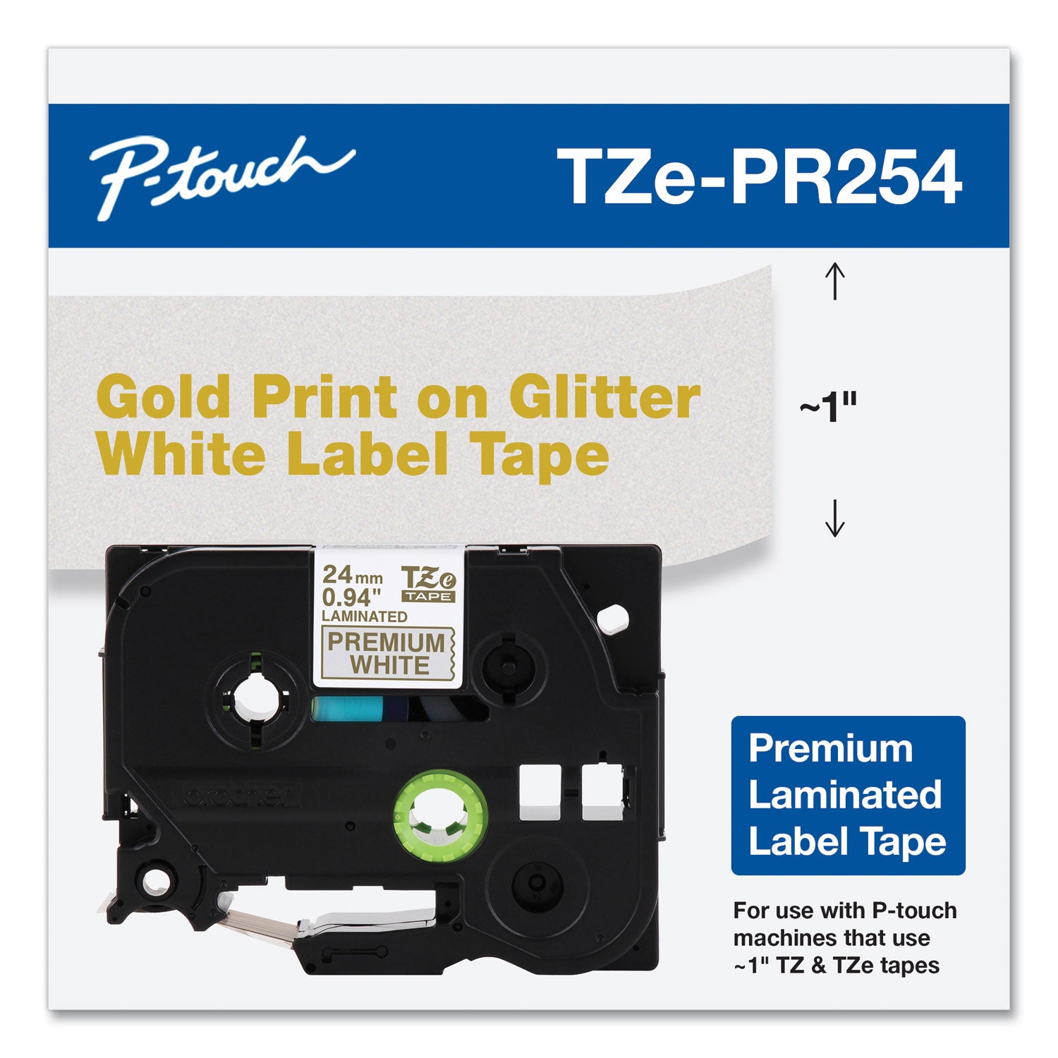 Brother Tze Premium Laminated Tape, 0.94" X 26.2 Ft, Gold On White