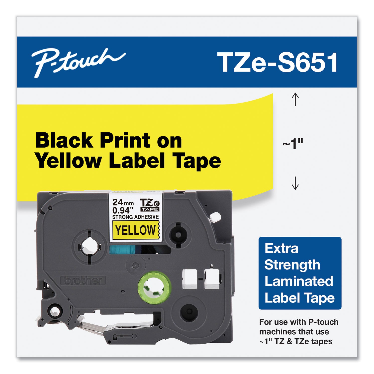 Brother P-Touch® Tze Extra-Strength Adhesive Laminated Labeling Tape, 0.94" X 26.2 Ft, Black On Yellow